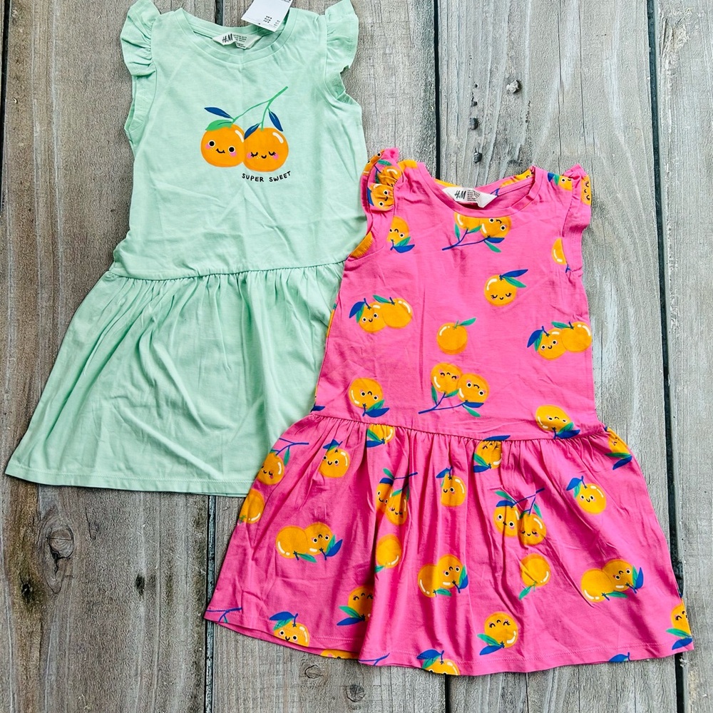 H&M size 4-6yrs Girls Mint Green and Pink Fruit Themed Orange Dresses, Set of 2